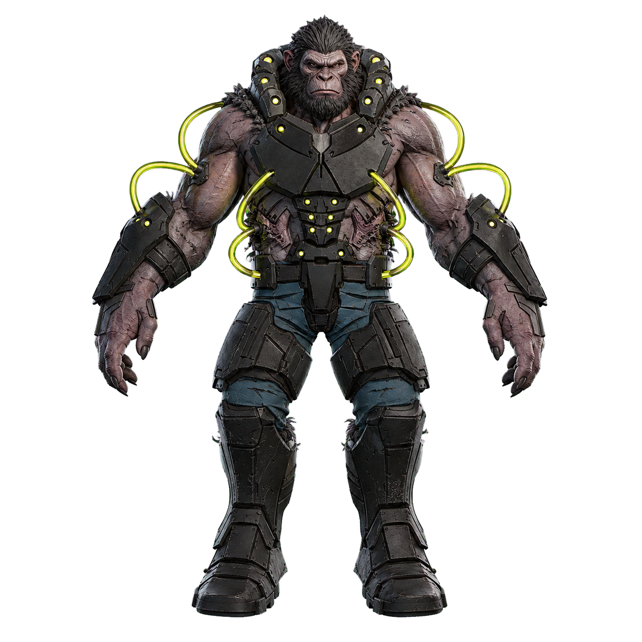 A full-body 3D render of Gravespine in black armor with luminous yellow cables